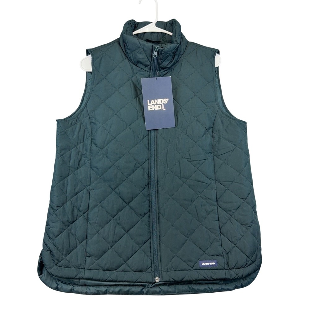 Lands' End Kids Vest Medium 10-12 Dark Green Quilted Water Resistant 540082